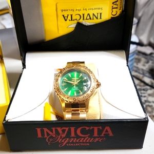 Invicta Pro Diver 80258 Gold Auto 46Mm Date Green Dial Men`s Watch in Dive Case